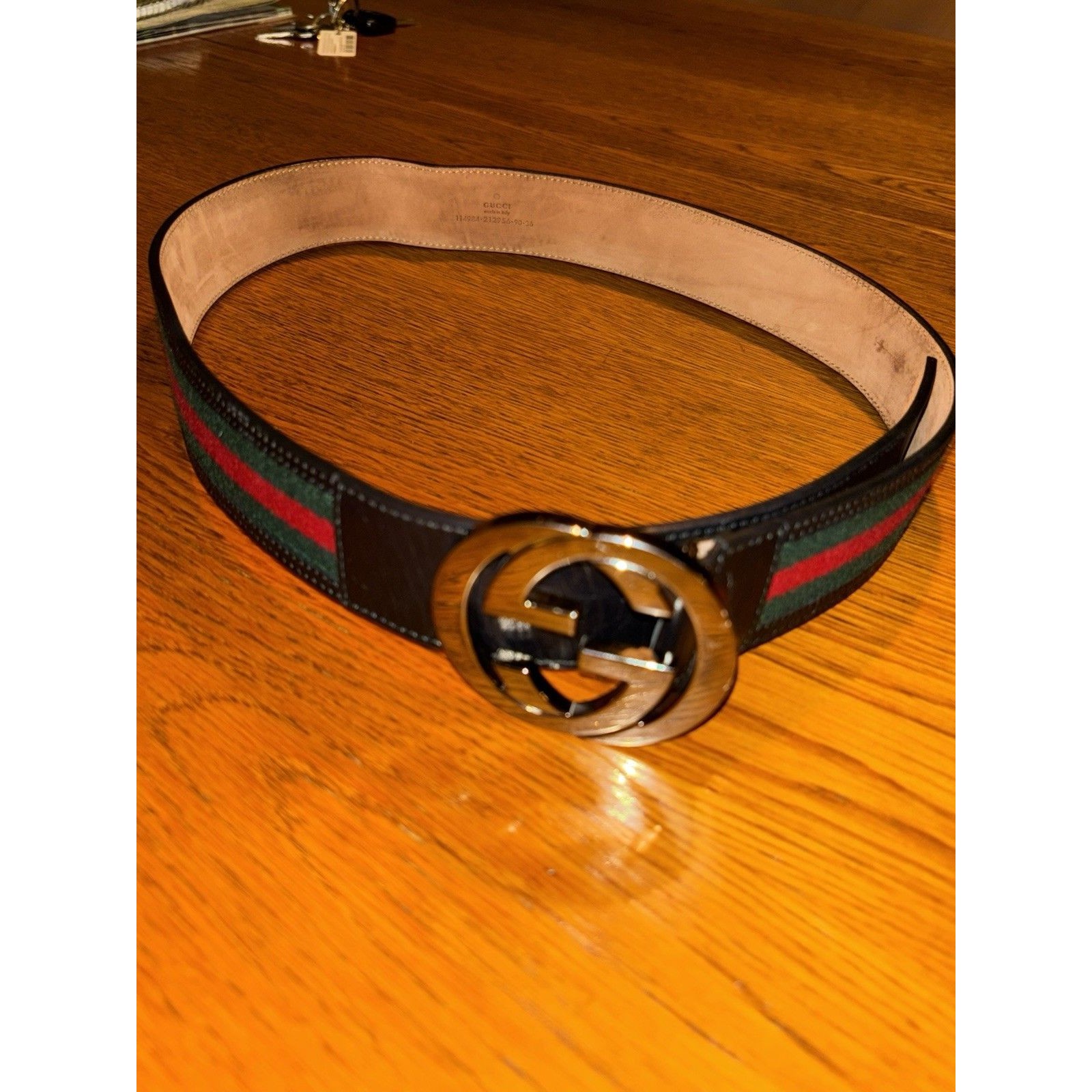 Gucci Red And Green Belt Designer Luxury Authentic Size 90 Cm Leather And Canvas
